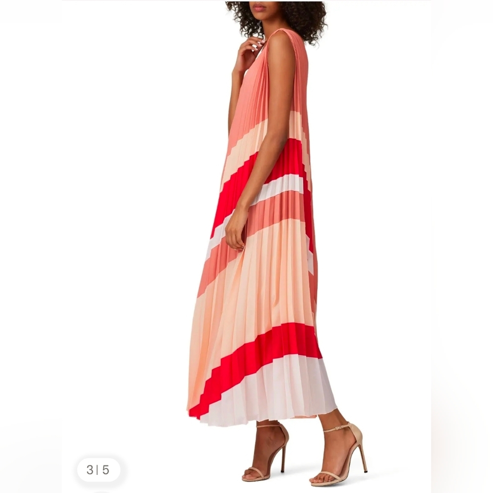 Tome V-Neck Coral Pleated Maxi Dress with Colorblock Stripes - Size XL - Picture 3 of 12
